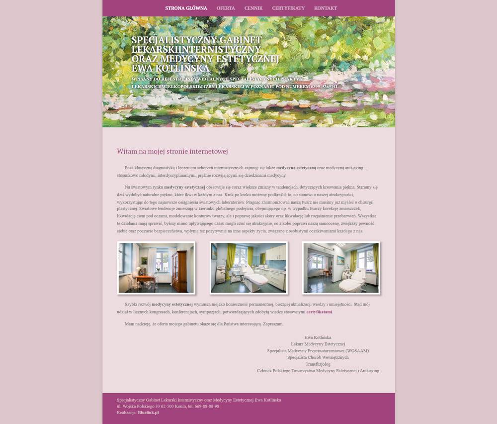 Zrzut ekranu strony internetowej Gabinetu Medycyny Estetycznej dr Ewy Kotlińskiej z Konina