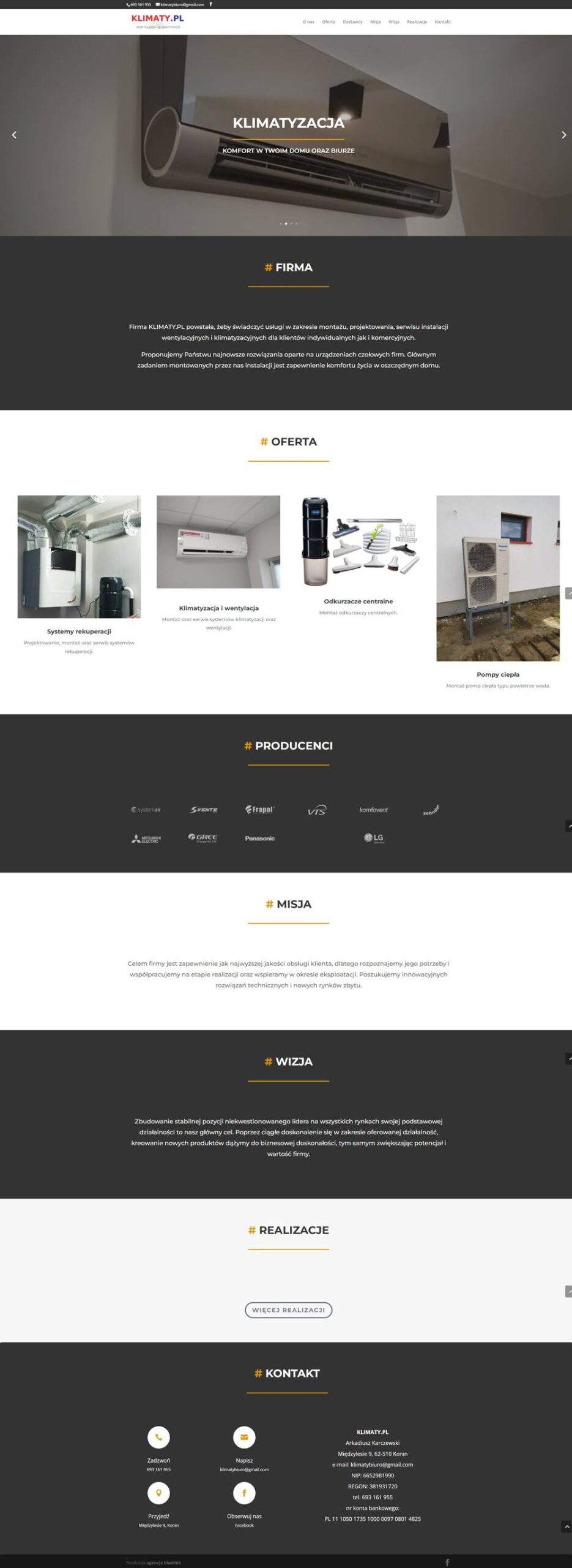 Zrzut ekranu strony internetowej firmy Klimaty w układzie One Page