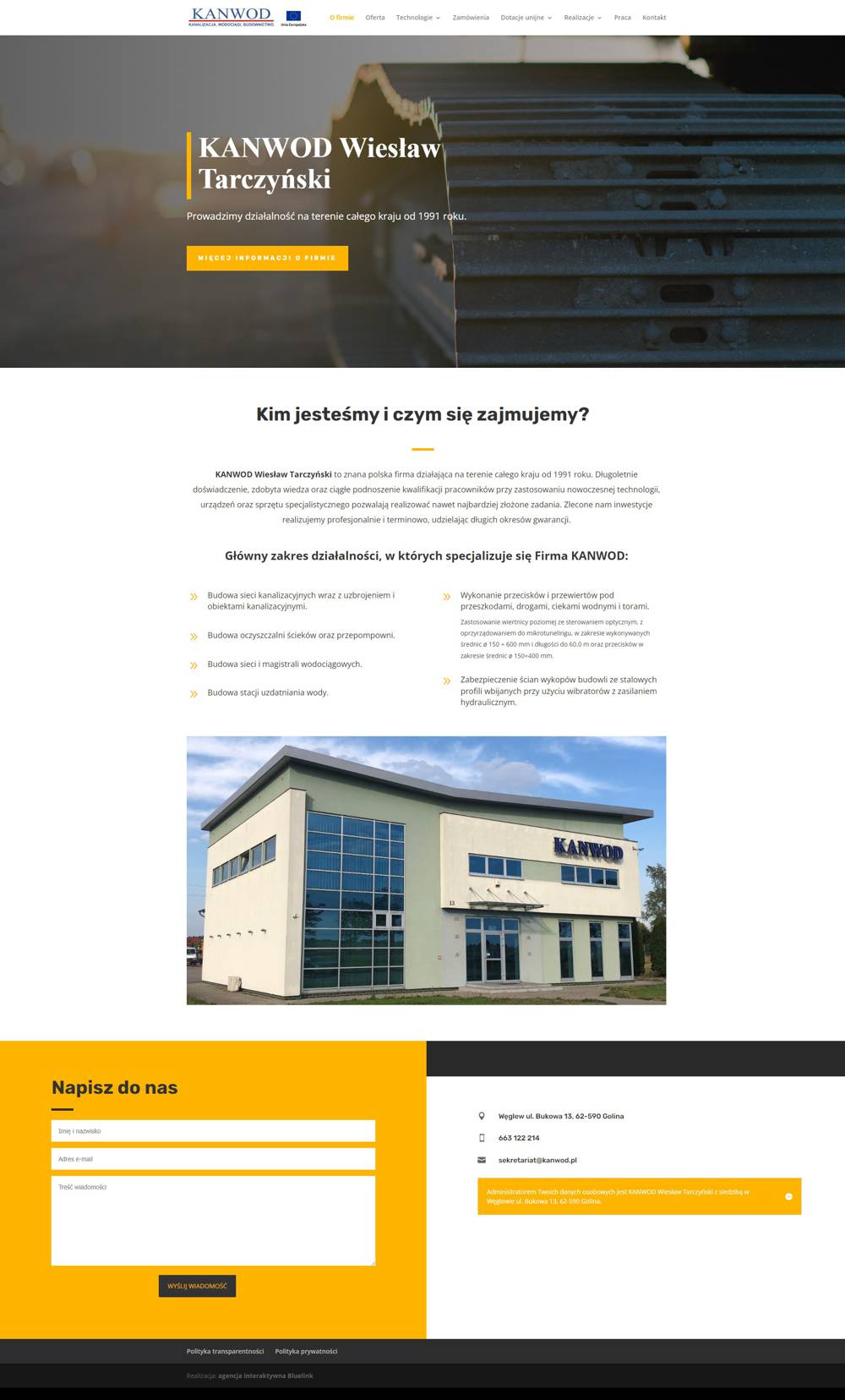 Realizacje strona o firmie (Kanwod) Zrzut ekranu strony internetowej firmy Kanwod - informacje o firmie