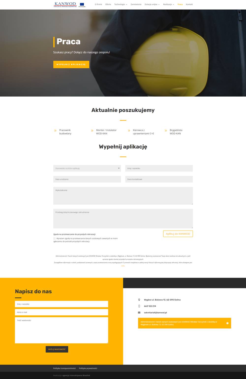 Realizacje strona praca (Kanwod) Zrzut ekranu strony internetowej firmy Kanwod - praca