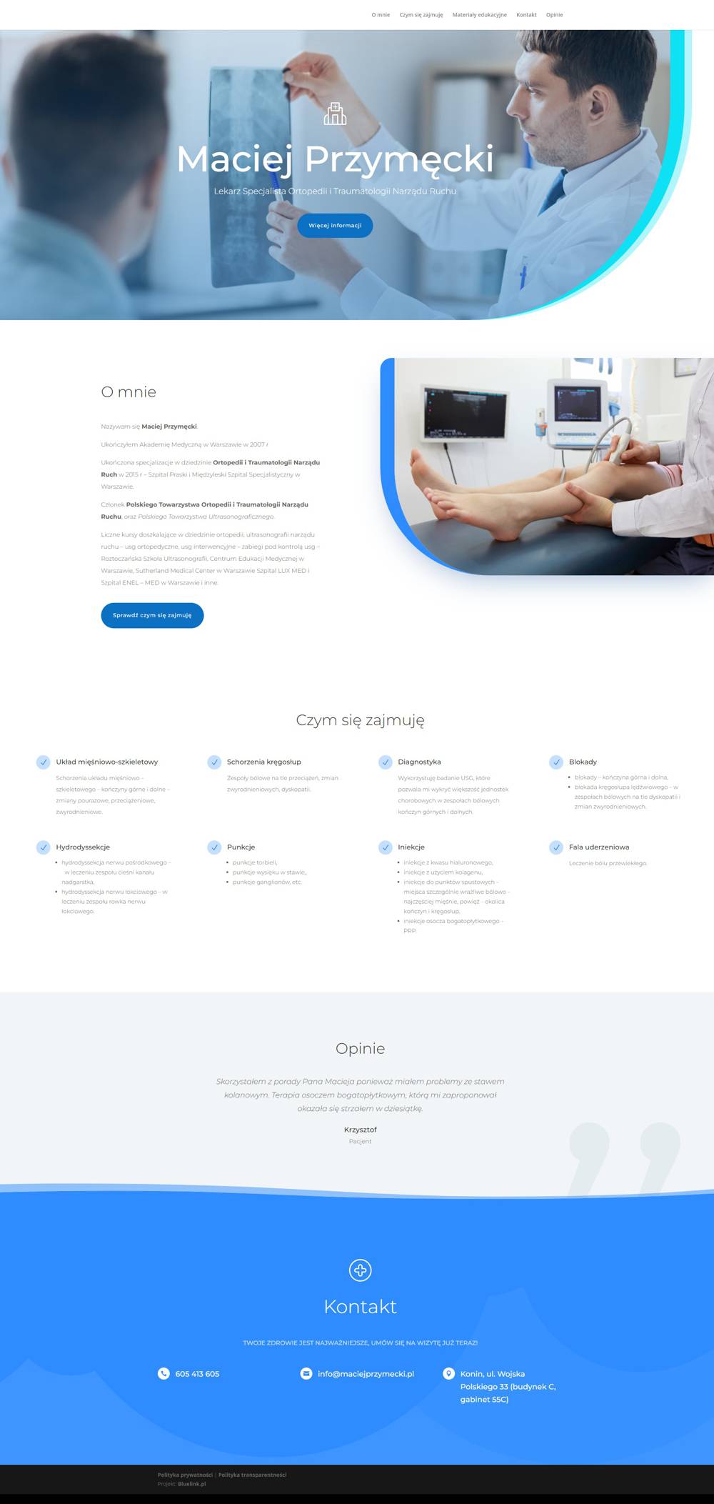 Zrzut ekranu strony internetowej w układzie One Page lekarza ortopedy Macieja Przymęckiego