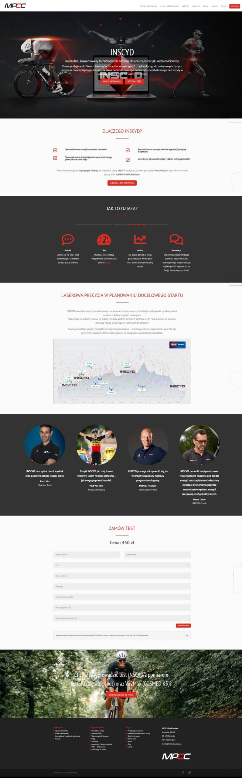 Realizacja projektu strony internetowej firmy trenera kolarstwa Michała Pustuły mpcc.pl Zrzut ekranu strony internetowej trenera kolarstwa Michała pustuły
