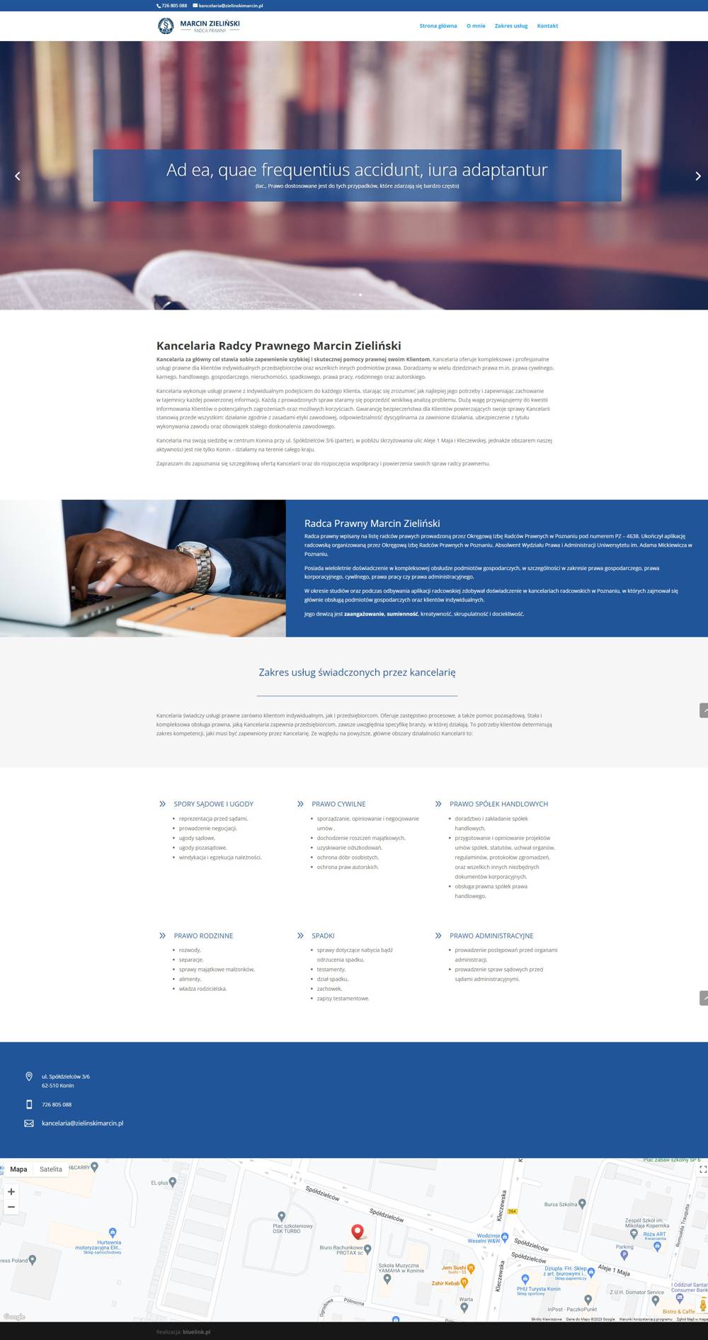 Zrzut ekranu strony internetowej Kancelarii Radcy Prawnego w układzie One Page