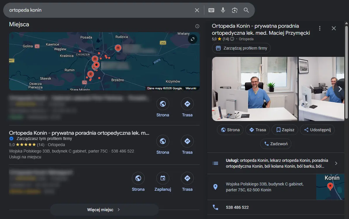 Pozycja na mapach Google Pozycja lekarza na mapach Google dla zapytania Ortopeda Konin